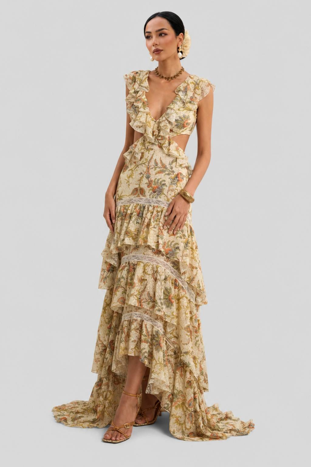 Vintage Floral Ruffled V-Neck Side Waist Cut-Out Lace Tailor Dress