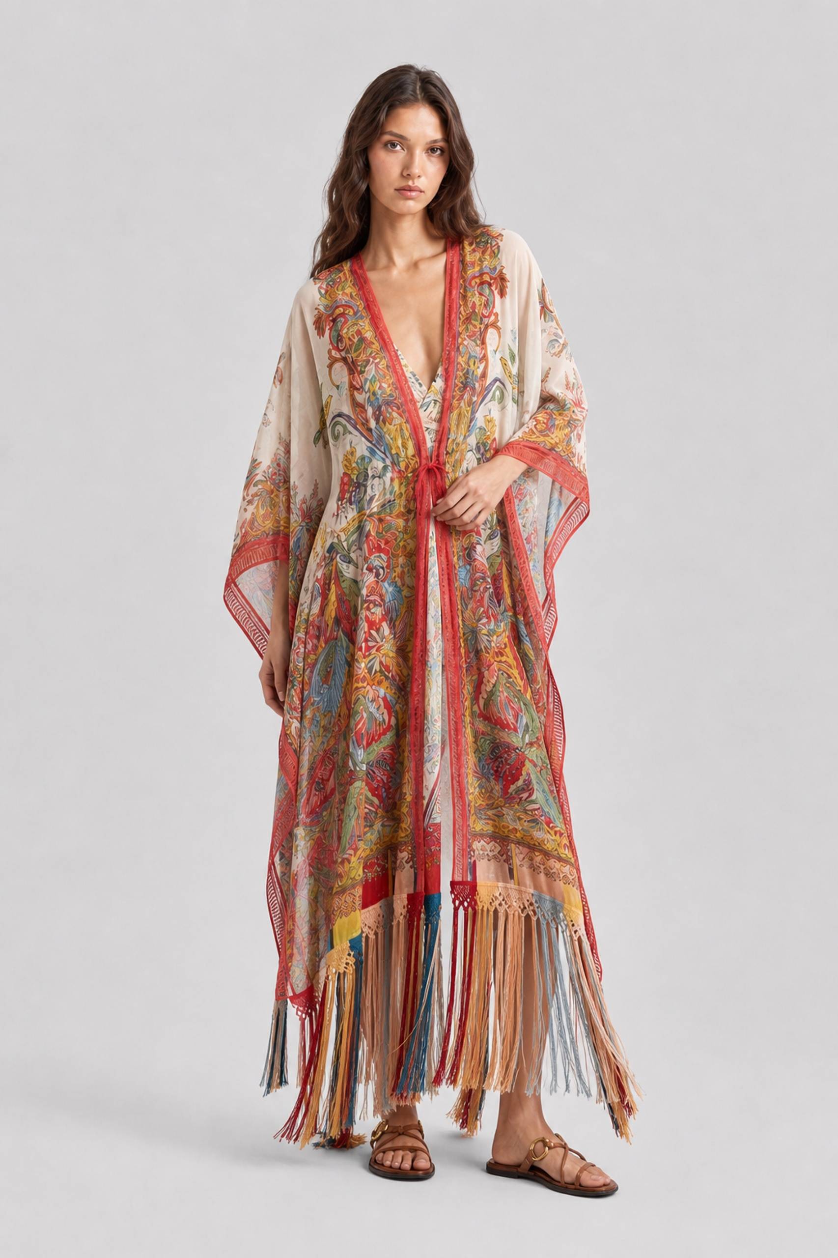 Vintage Ethnic Print Lace-Up Tassel Split Beach Blouse Robe