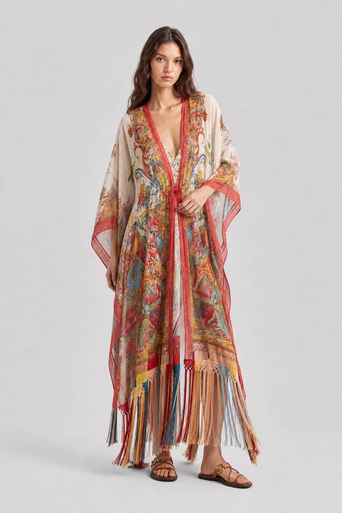 Vintage Ethnic Print Lace-Up Tassel Split Beach Blouse Robe