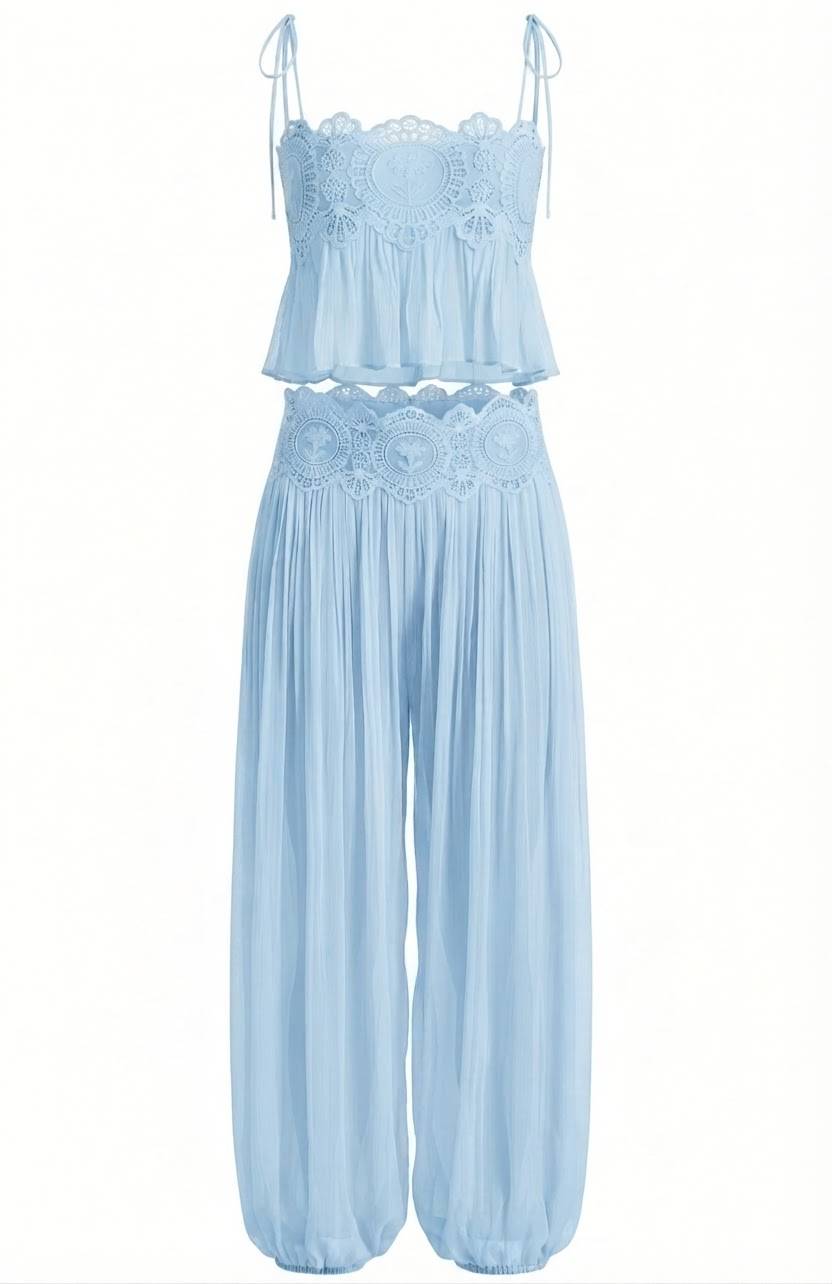 Boho Embroidered Pastel Pink Vacation Two-Piece Set