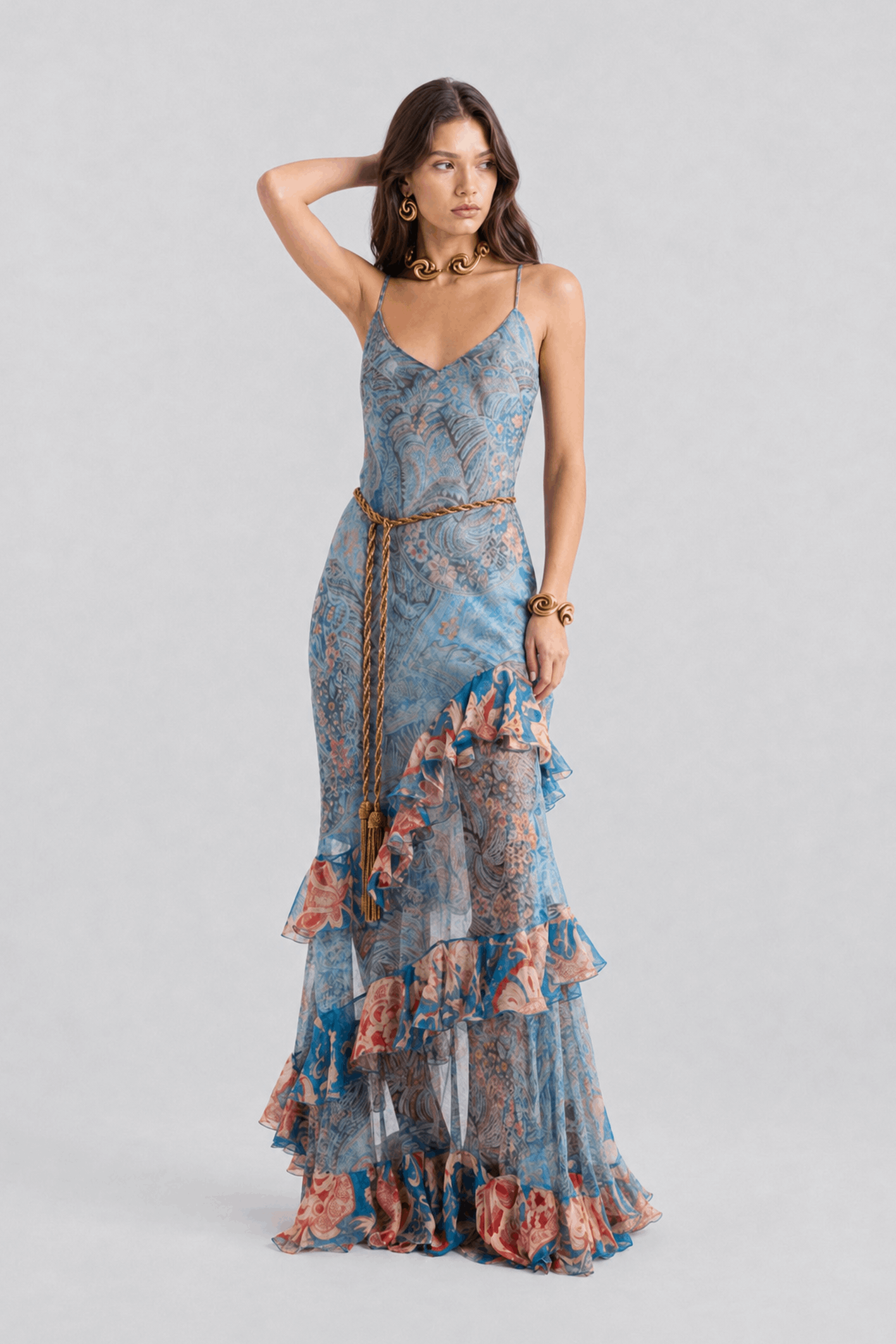 Blue Bottom Vintage Floral V-Neck Thin Sling With Rope Belt Irregular Lotus Leaf Perspective Long Dress