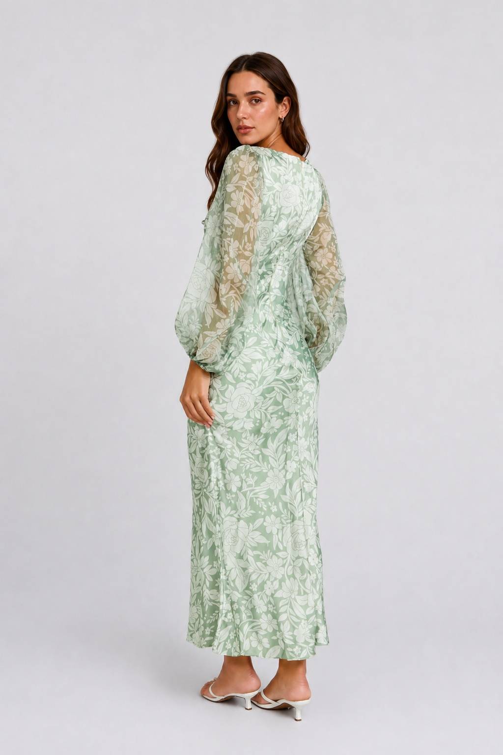 V-Neck Bubble-Sleeve Lightweight Satin Floral Dress
