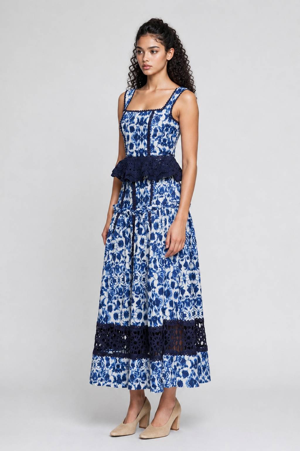 Blue Floral Print Sleeveless Maxi Dress With Waist Tie - Boho Chic Summer Gown