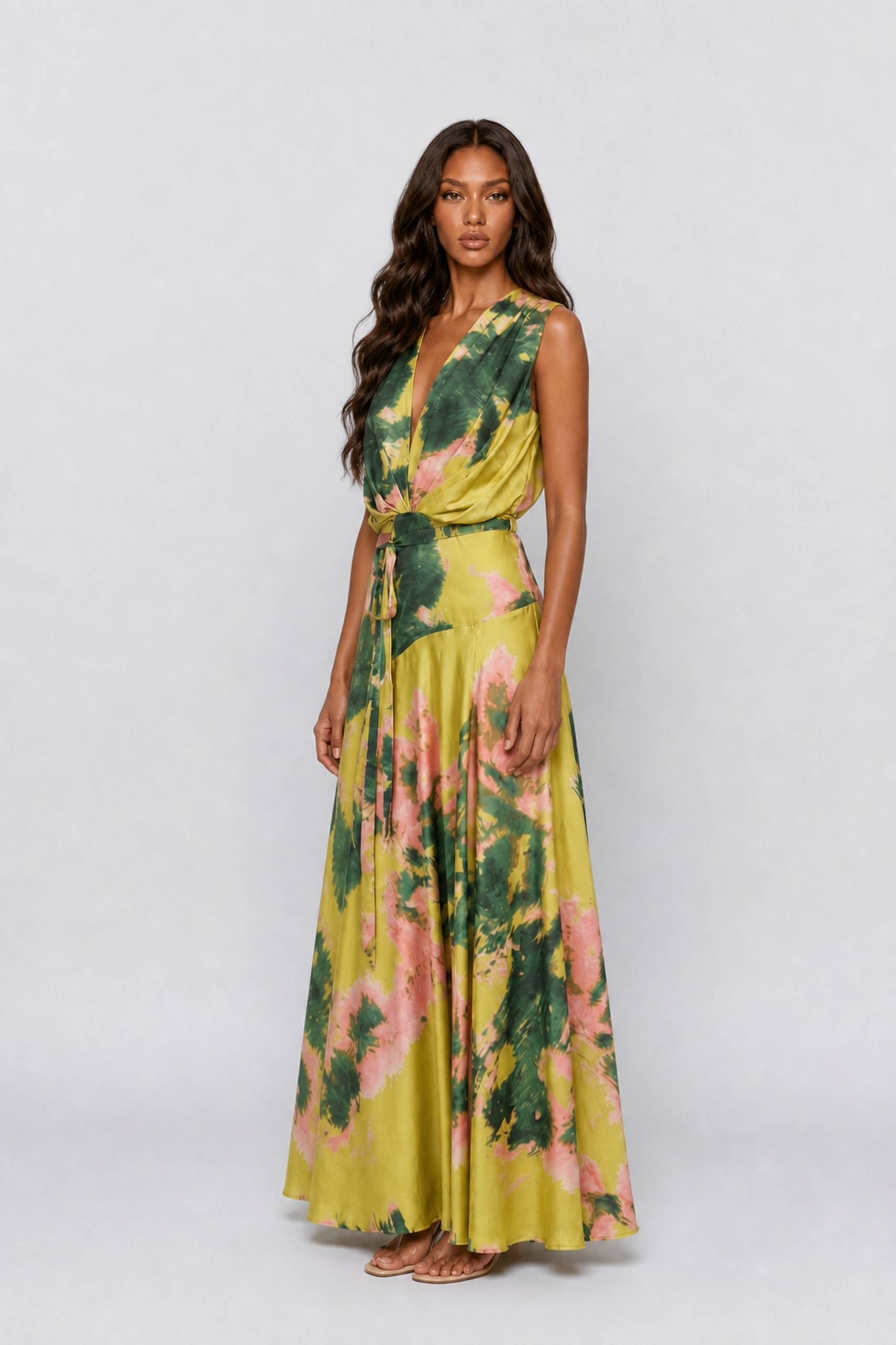 Tropical Floral Print V-Neck Maxi Dress With Side Slit - Boho Summer Gown