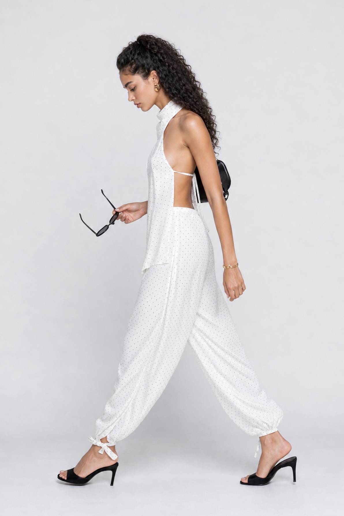 White Polka Dot Halter Neck Two-Piece Set - Backless Cami Top & Balloon Pants Boho Chic Summer Outfit For Beach, Party & Vacation
