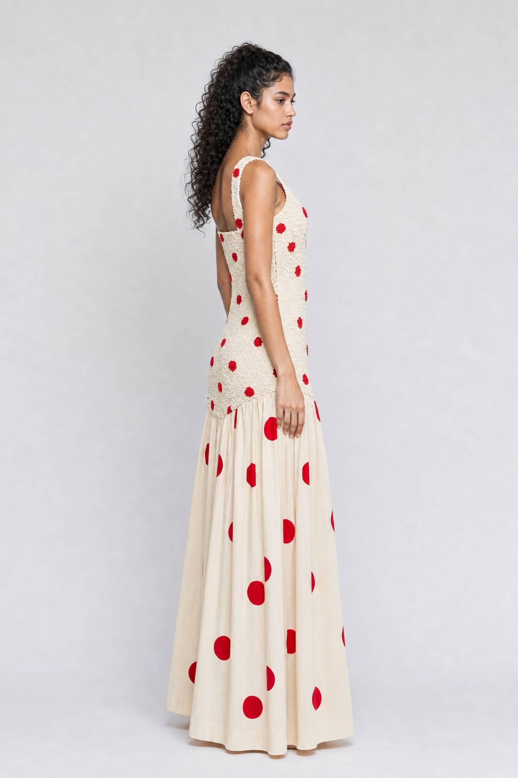 Beige Texture Wide Shoulder Strap Red Wave Dot Stitching Waist Large Swing Long Dress