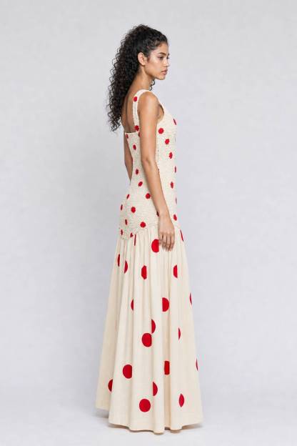 Beige Texture Wide Shoulder Strap Red Wave Dot Stitching Waist Large Swing Long Dress