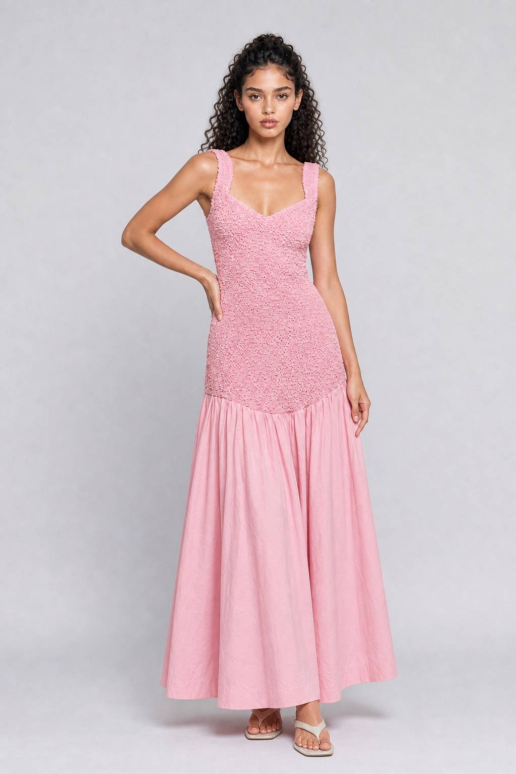 Pink Square Collar Bubble Texture Strap Tight Waist Swing Stitching Long Dress
