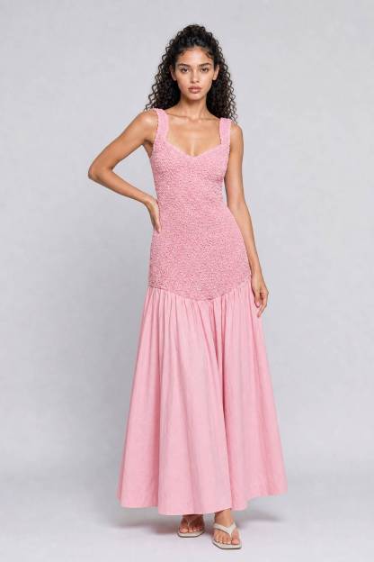 Pink Square Collar Bubble Texture Strap Tight Waist Swing Stitching Long Dress