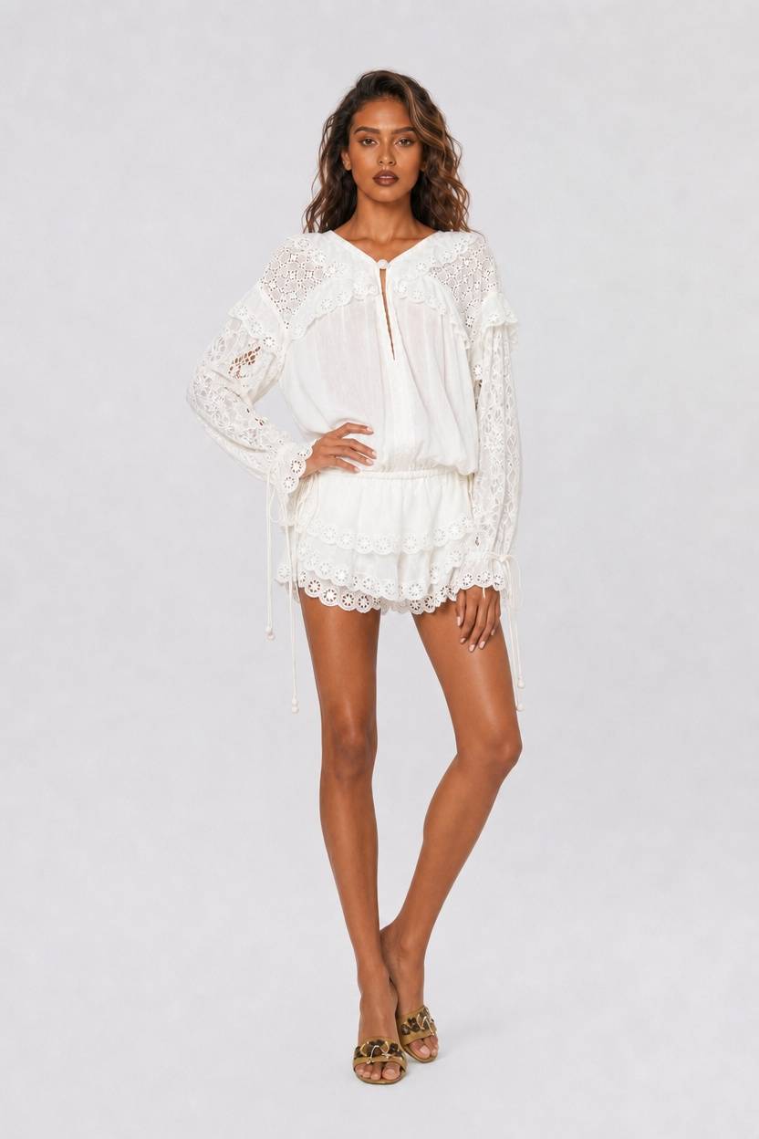 Bohemian Holiday Ruffled Long Sleeve Cutout Top Shorts Set