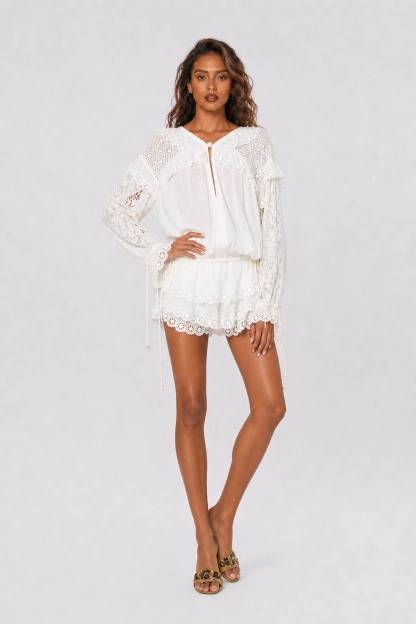 Bohemian Holiday Ruffled Long Sleeve Cutout Top Shorts Set