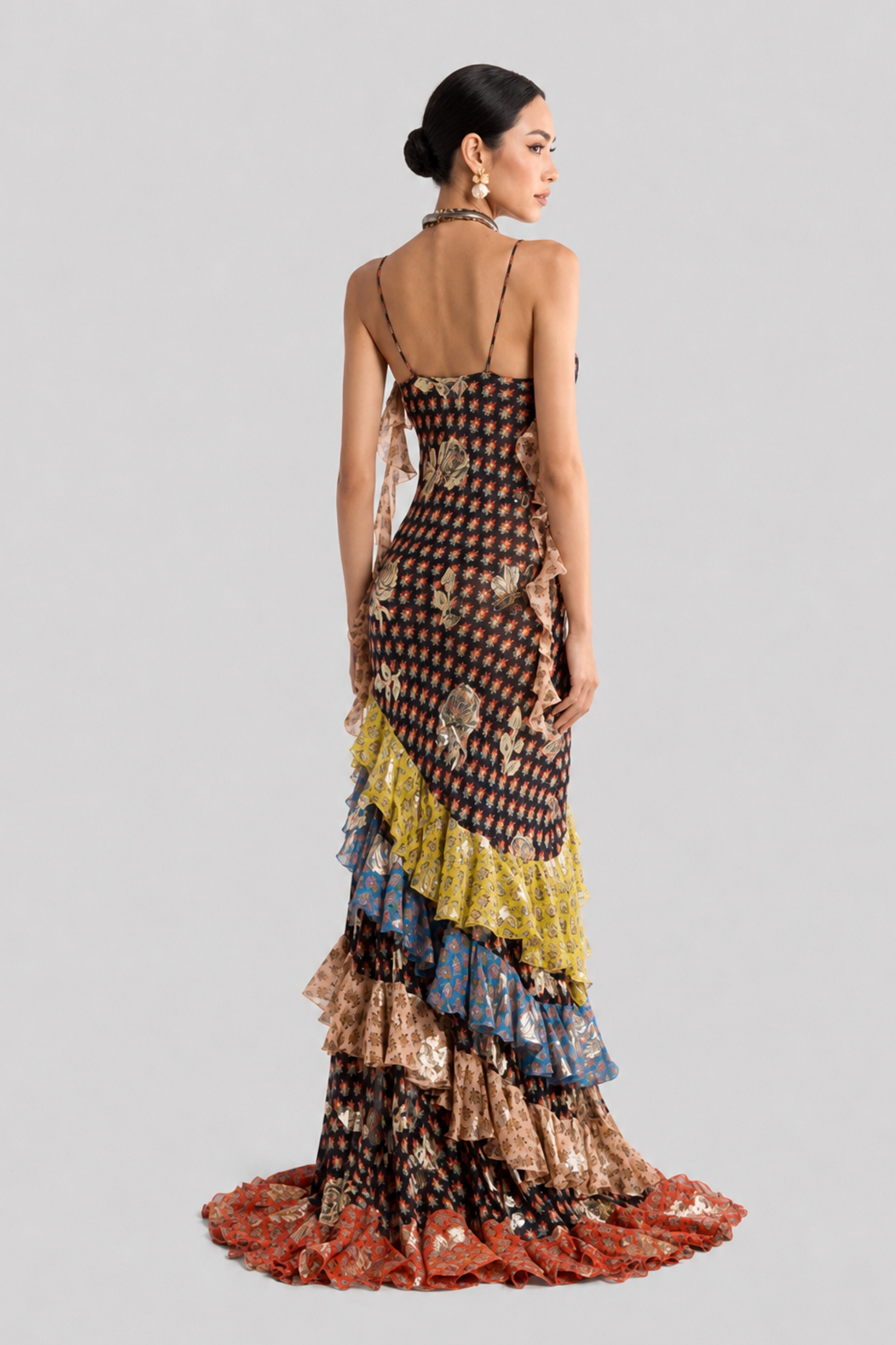 Vintage Contrast Printed V-Neck Fine Strap Irregular Lotus Leaf Fishtail Dress