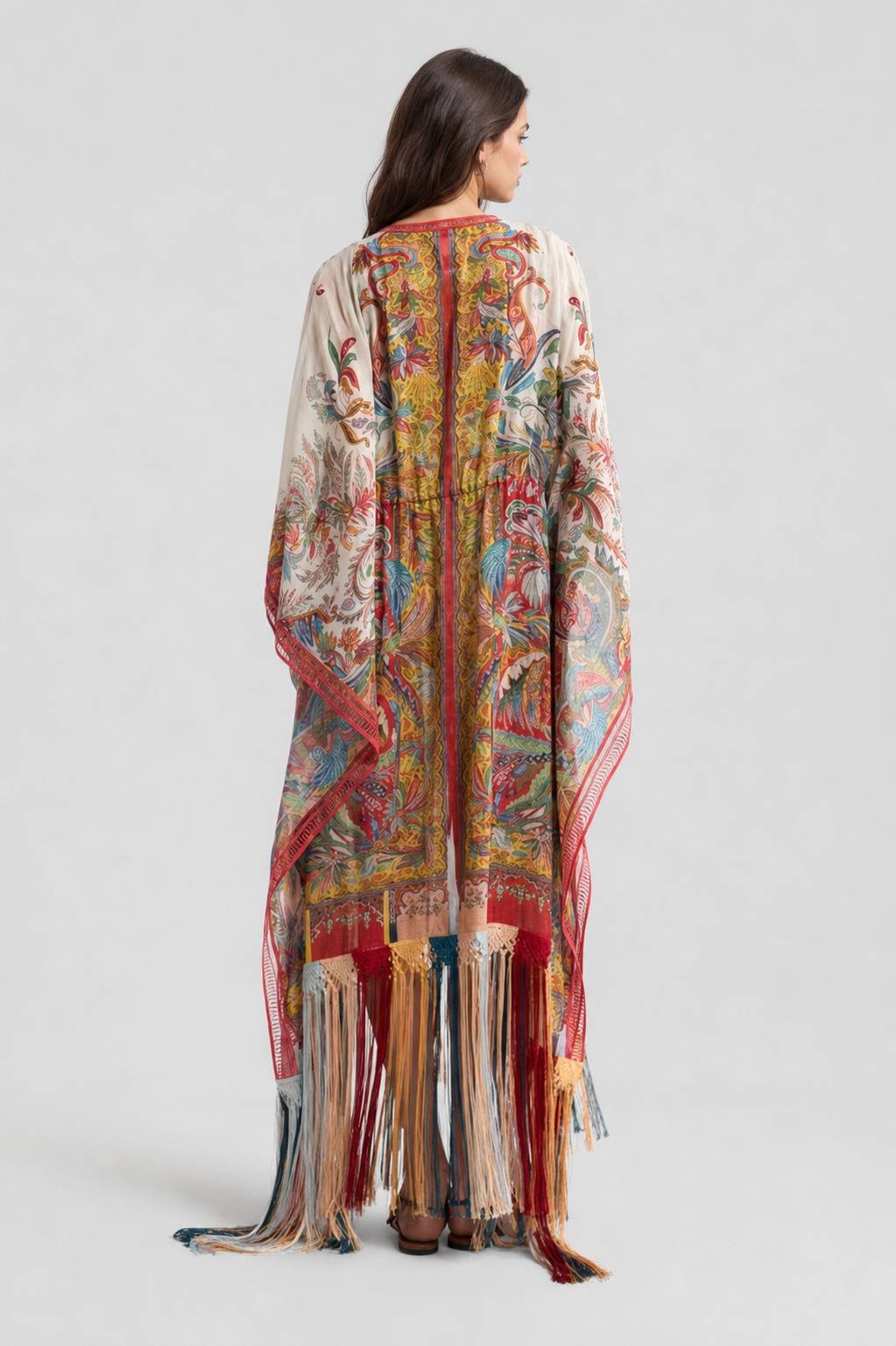 Vintage Ethnic Print Lace-Up Tassel Split Beach Blouse Robe