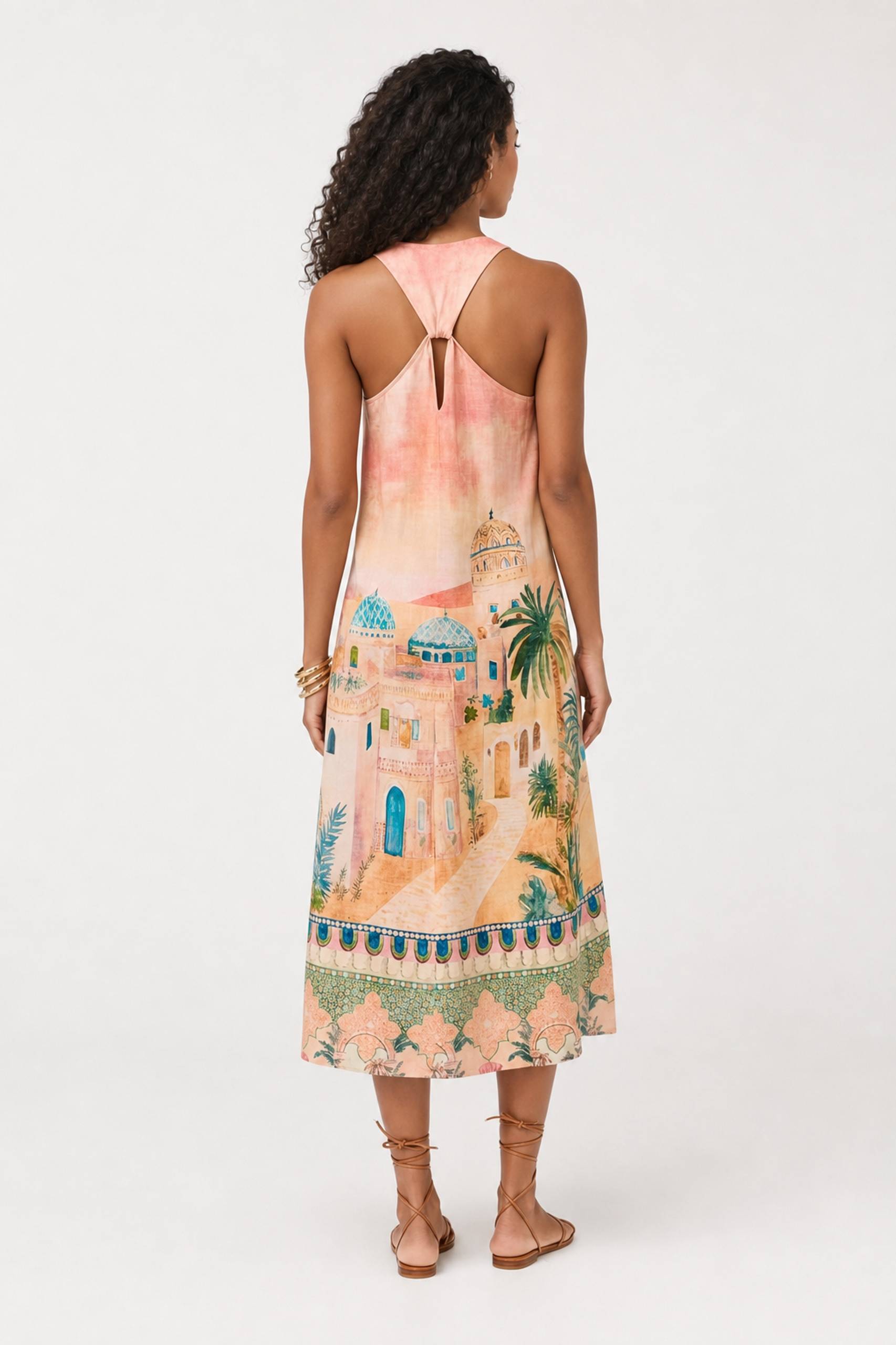 Holiday Palm Architectural Print V-Neck Sleeveless Midi Dress
