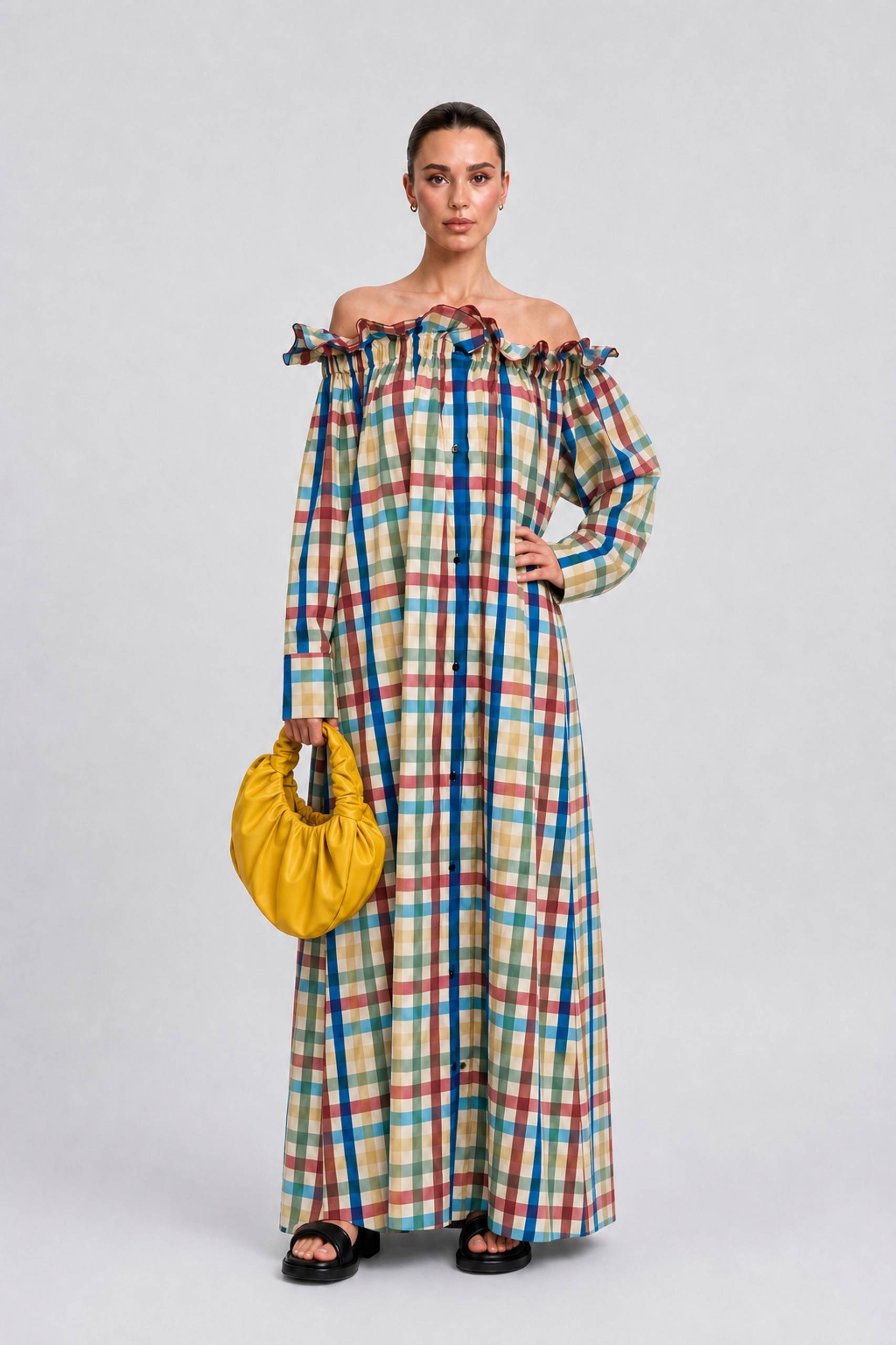 Colorful Plaid Wooden Ear Off-shoulder Long Sleeve Breasted Loose Long Shirt Dress