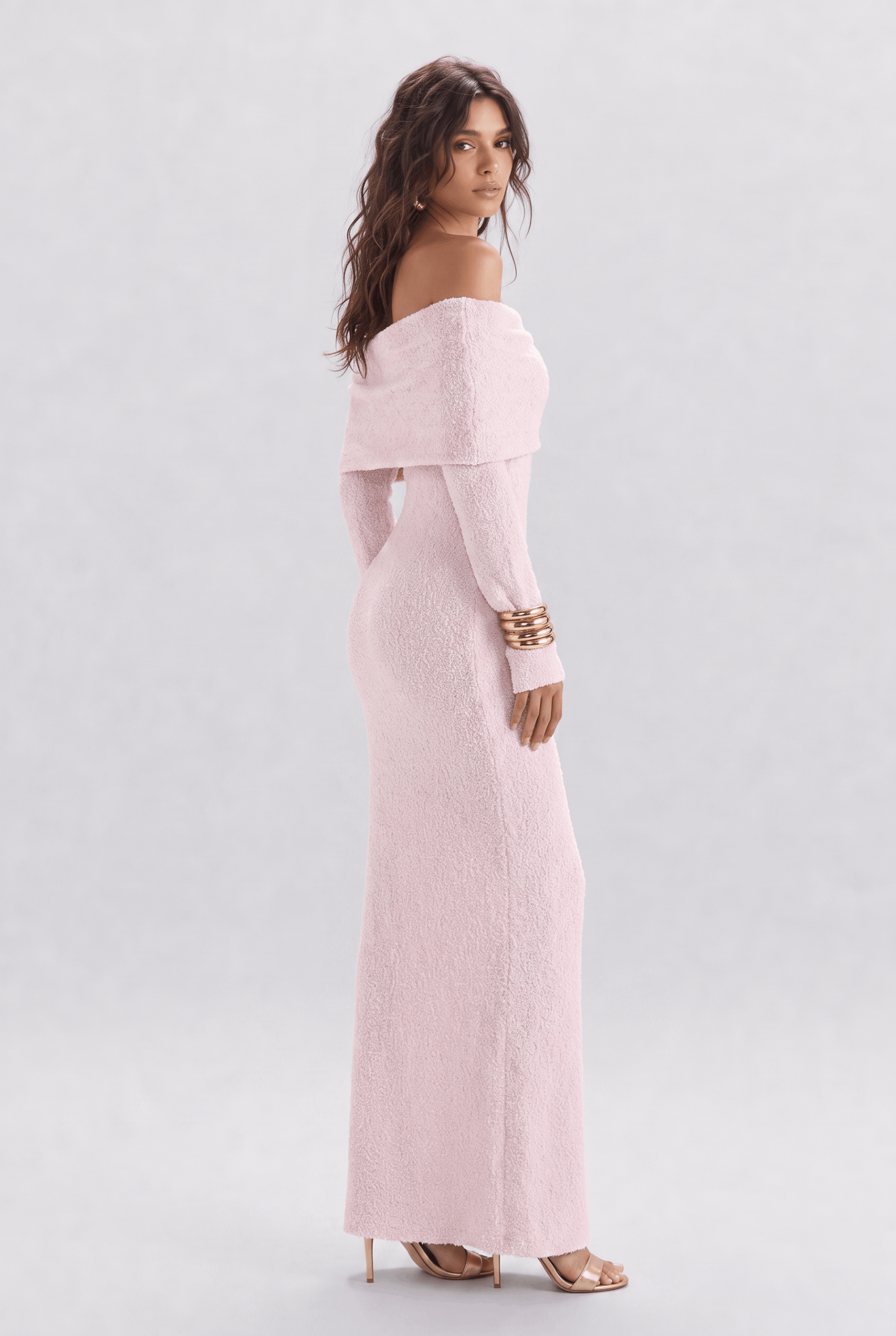 Texture Tweed Off-shoulder Long Dress