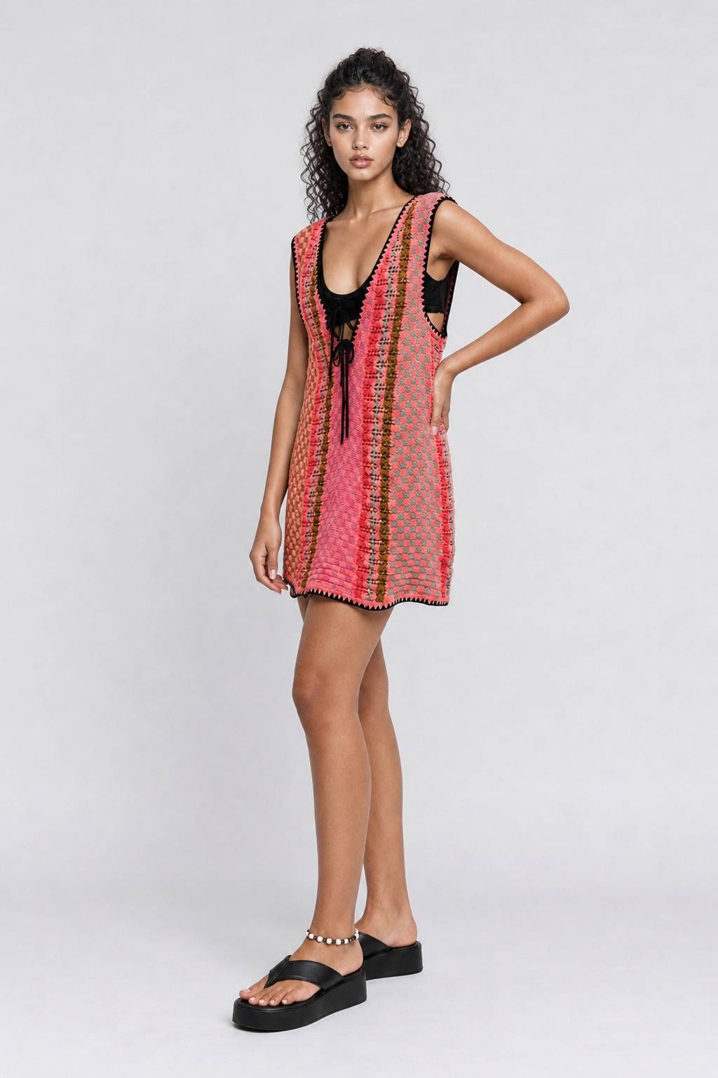 Colorful Gig Knit Sleeveless V-Neck Mini Dress