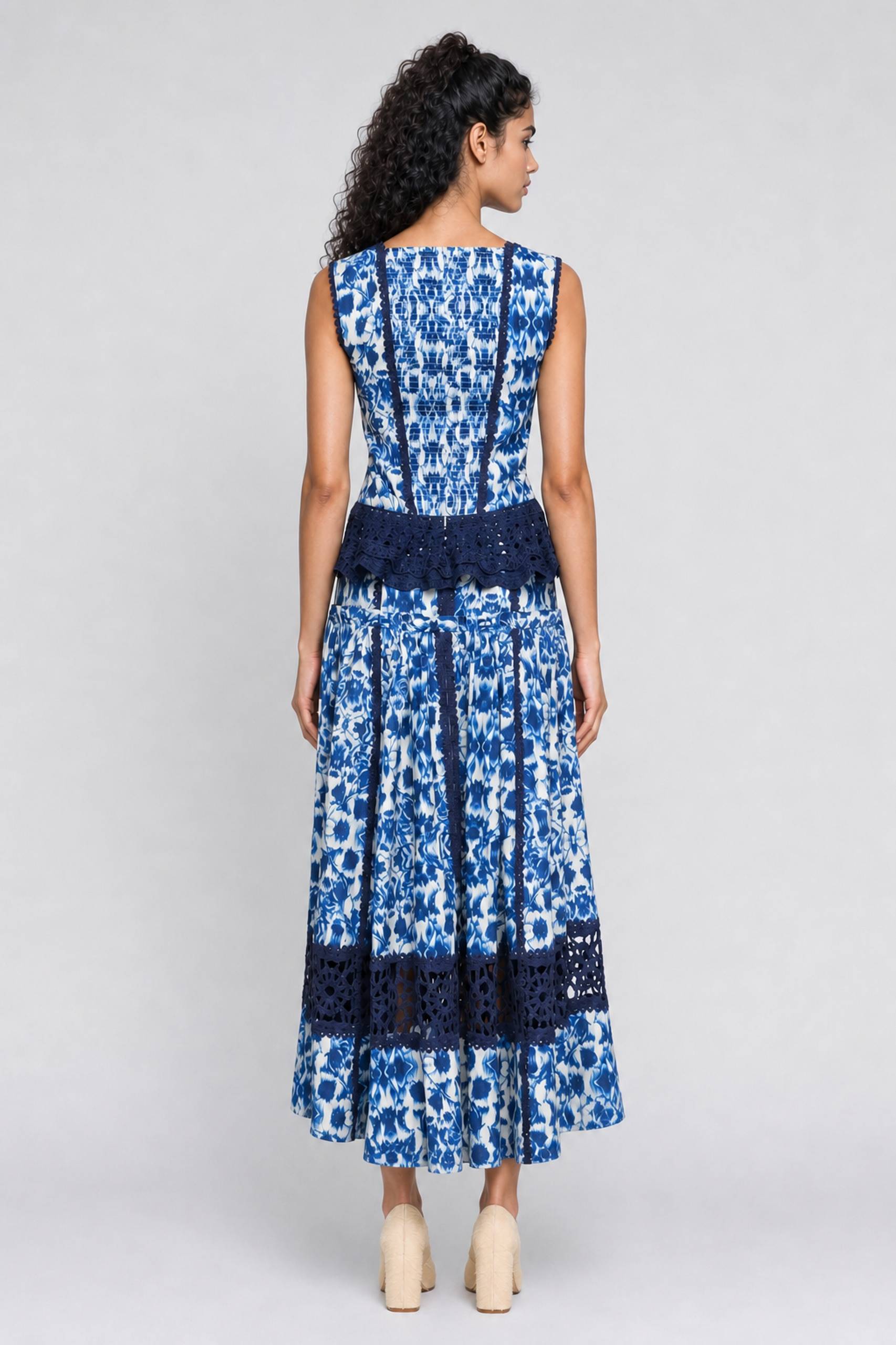 Blue Floral Print Sleeveless Maxi Dress With Waist Tie - Boho Chic Summer Gown