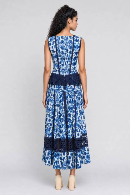 Blue Floral Print Sleeveless Maxi Dress With Waist Tie - Boho Chic Summer Gown
