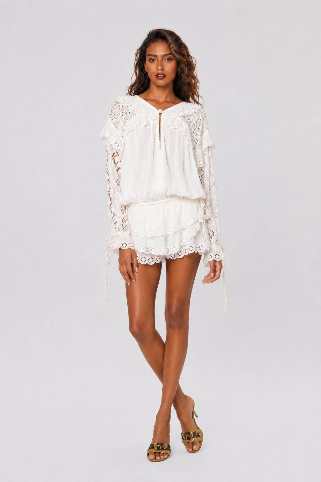 Bohemian Holiday Ruffled Long Sleeve Cutout Top Shorts Set