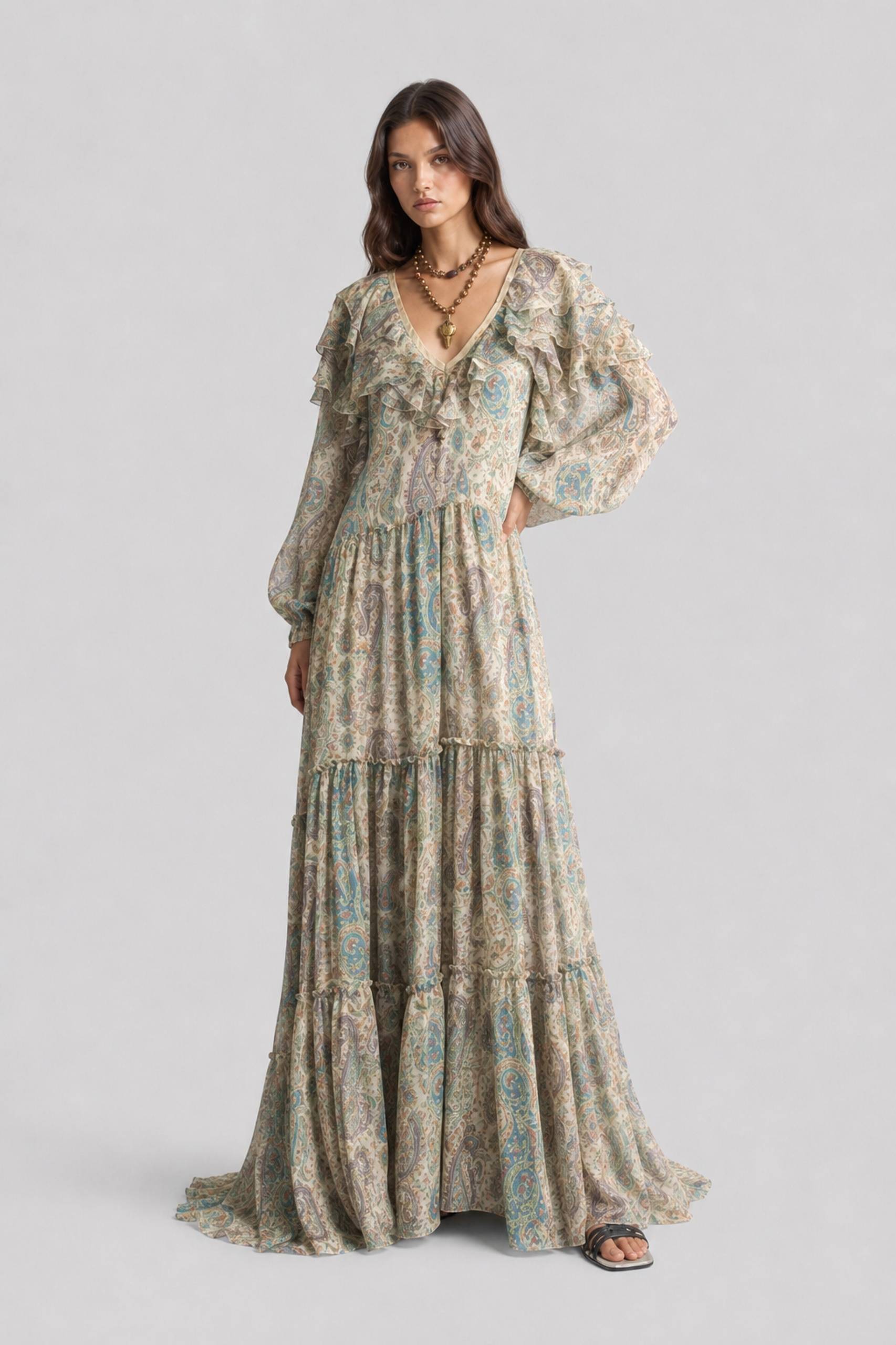 Light Color Cashew Flower V-Neck Ruffled Layered Long-Sleeved Long Dress