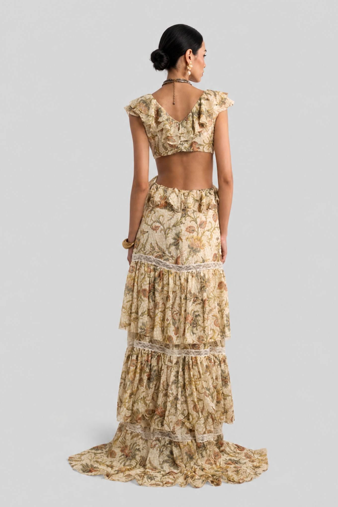 Vintage Floral Ruffled V-Neck Side Waist Cut-Out Lace Tailor Dress