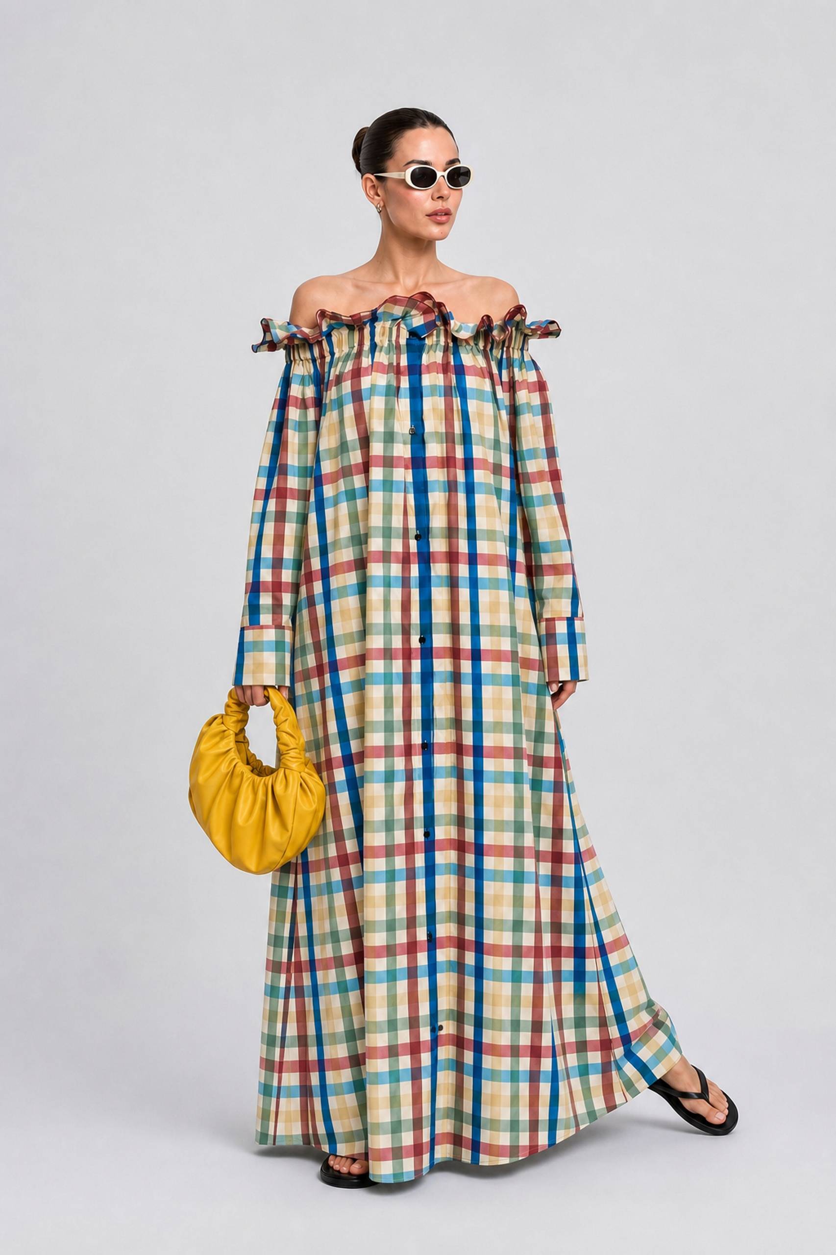 Colorful Plaid Wooden Ear Off-shoulder Long Sleeve Breasted Loose Long Shirt Dress