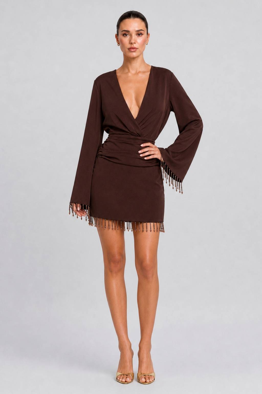 Deep V Satin Long Sleeve Short Dress