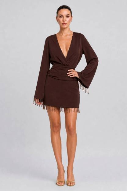 Deep V Satin Long Sleeve Short Dress