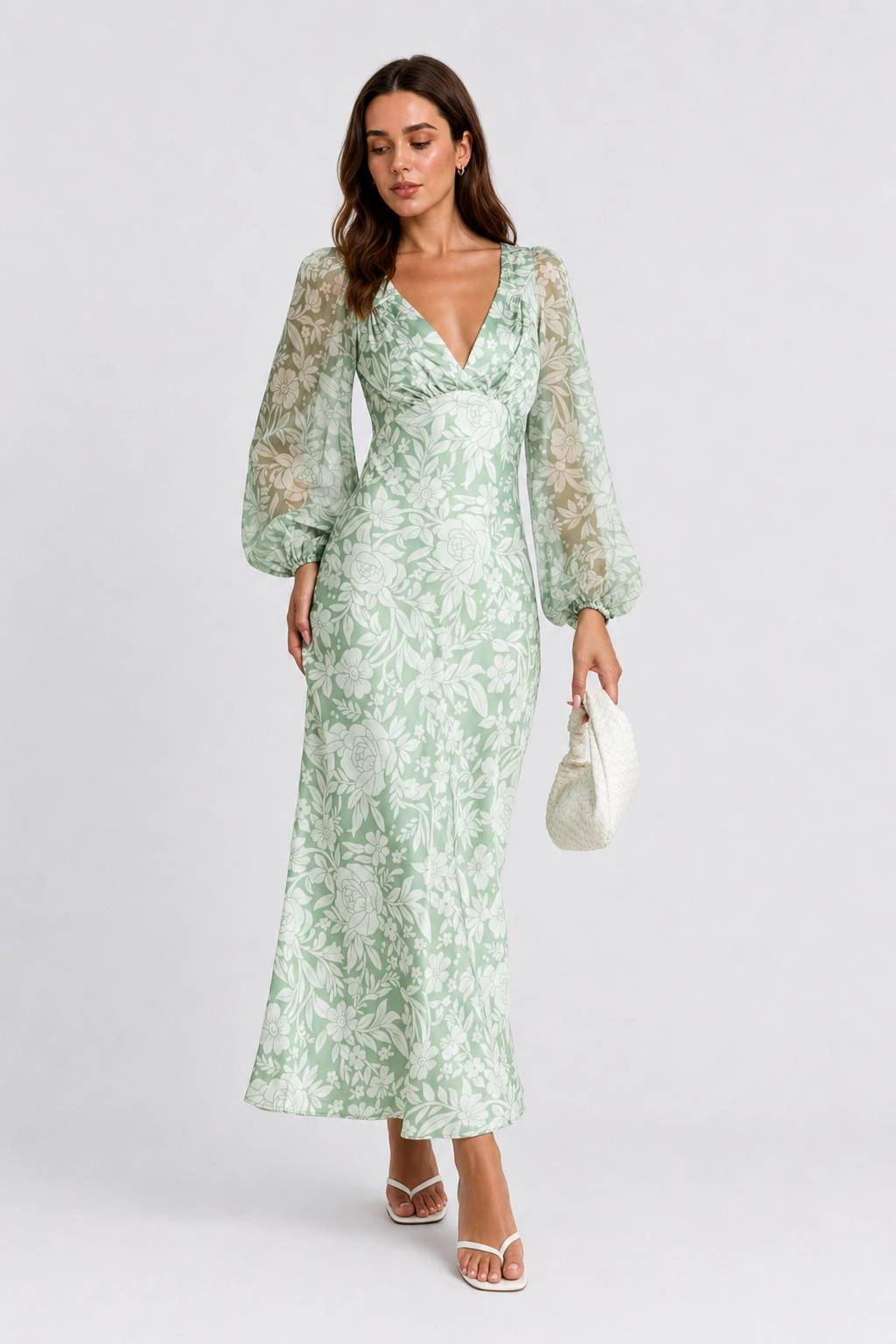 V-Neck Bubble-Sleeve Lightweight Satin Floral Dress