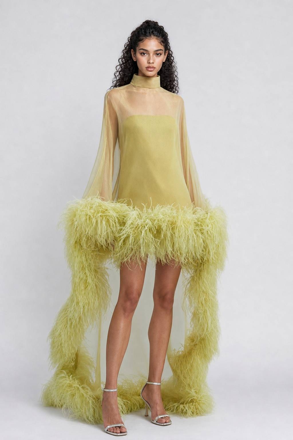 Chartreuse Feather-Trimmed Sheer Cape Gown - High-Fashion Evening Dress With Open Back