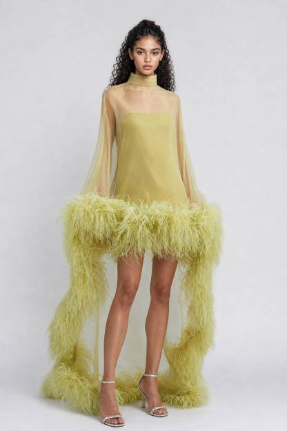 Chartreuse Feather-Trimmed Sheer Cape Gown - High-Fashion Evening Dress With Open Back