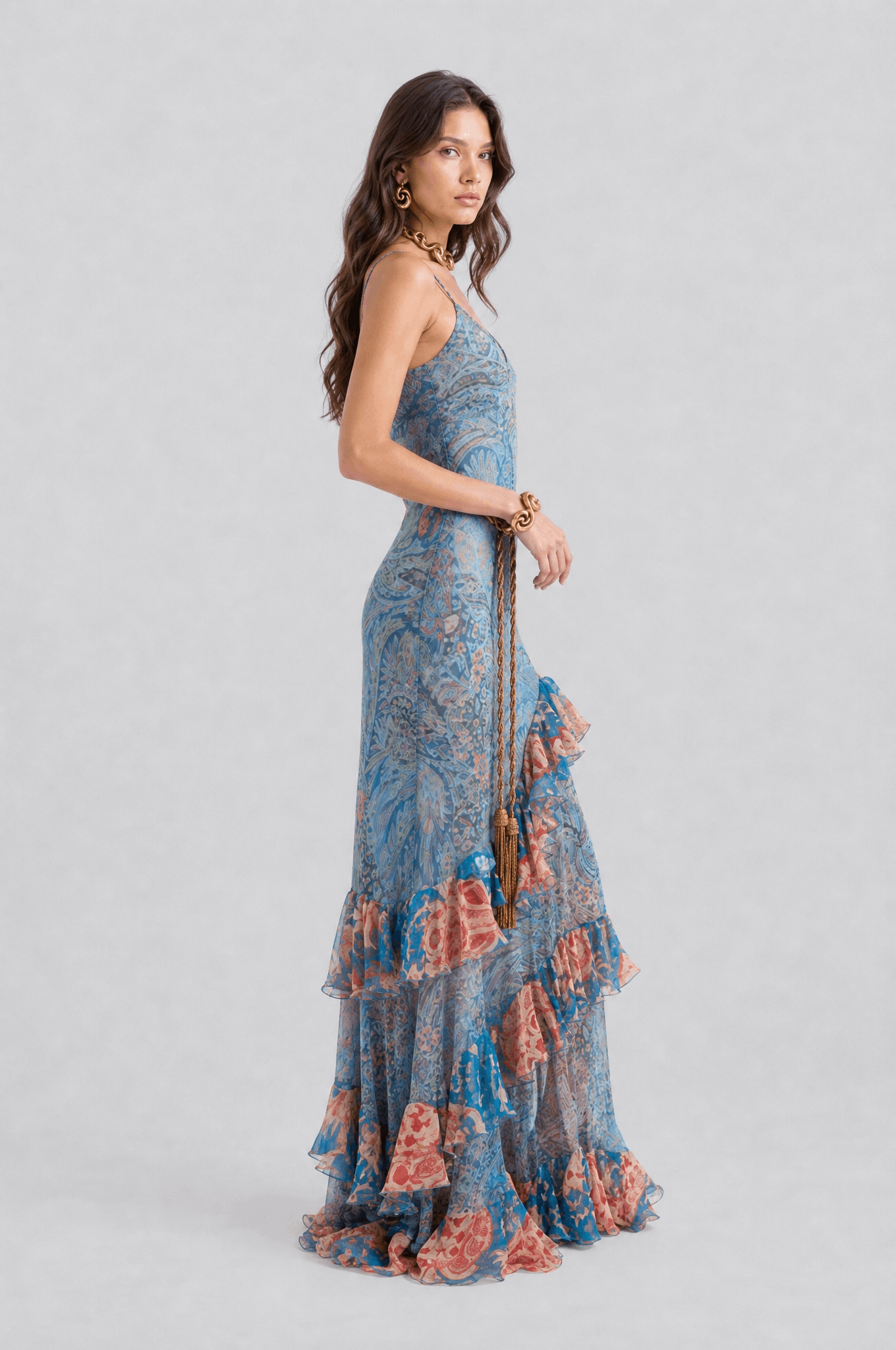 Blue Bottom Vintage Floral V-Neck Thin Sling With Rope Belt Irregular Lotus Leaf Perspective Long Dress