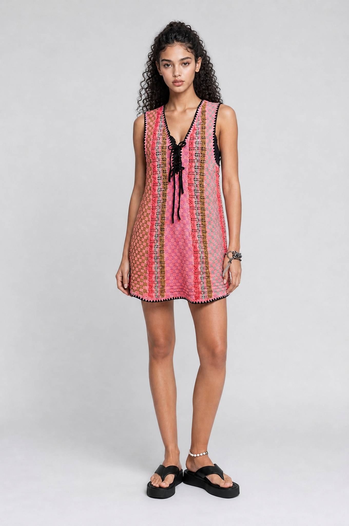 Colorful Gig Knit Sleeveless V-Neck Mini Dress