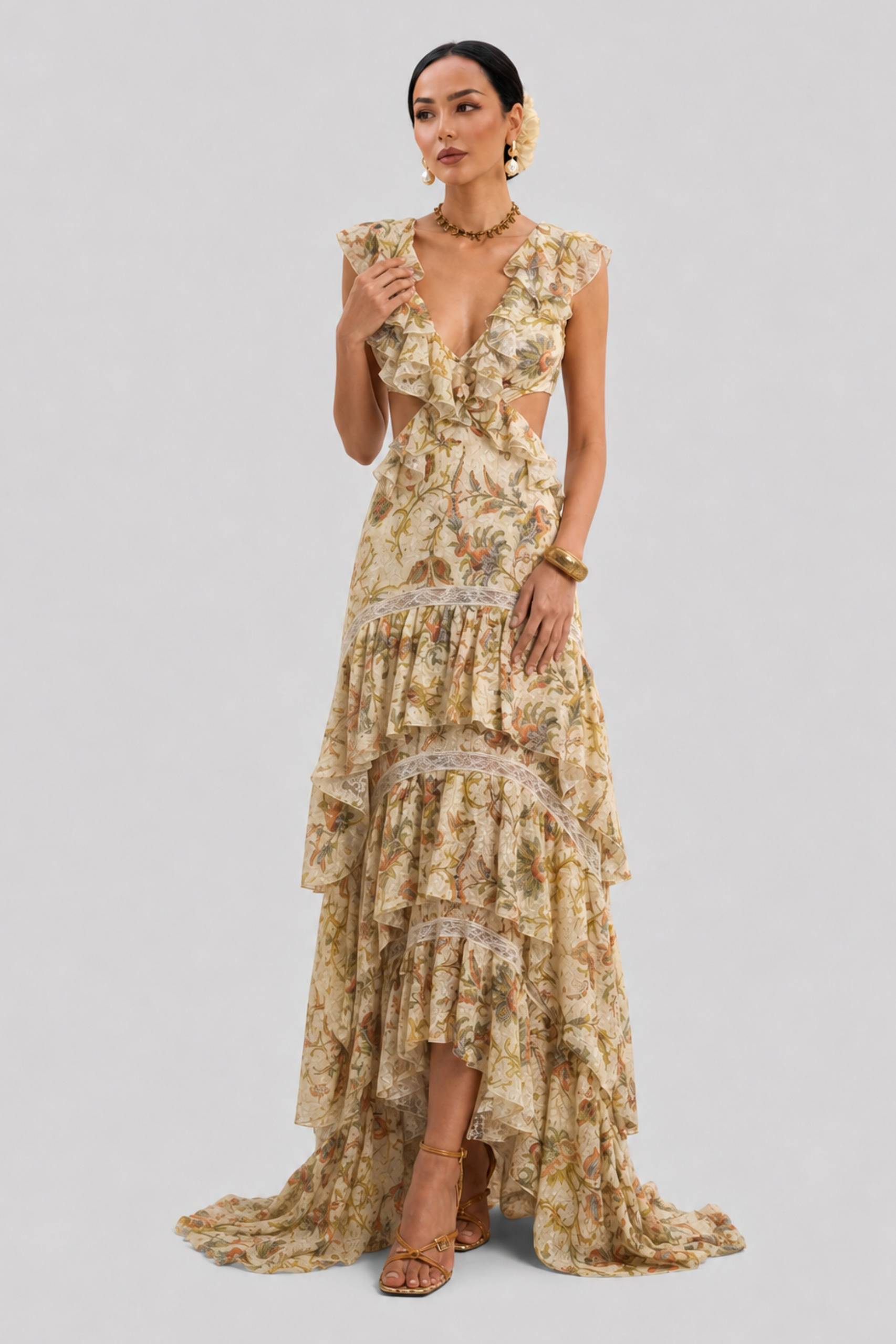 Vintage Floral Ruffled V-Neck Side Waist Cut-Out Lace Tailor Dress