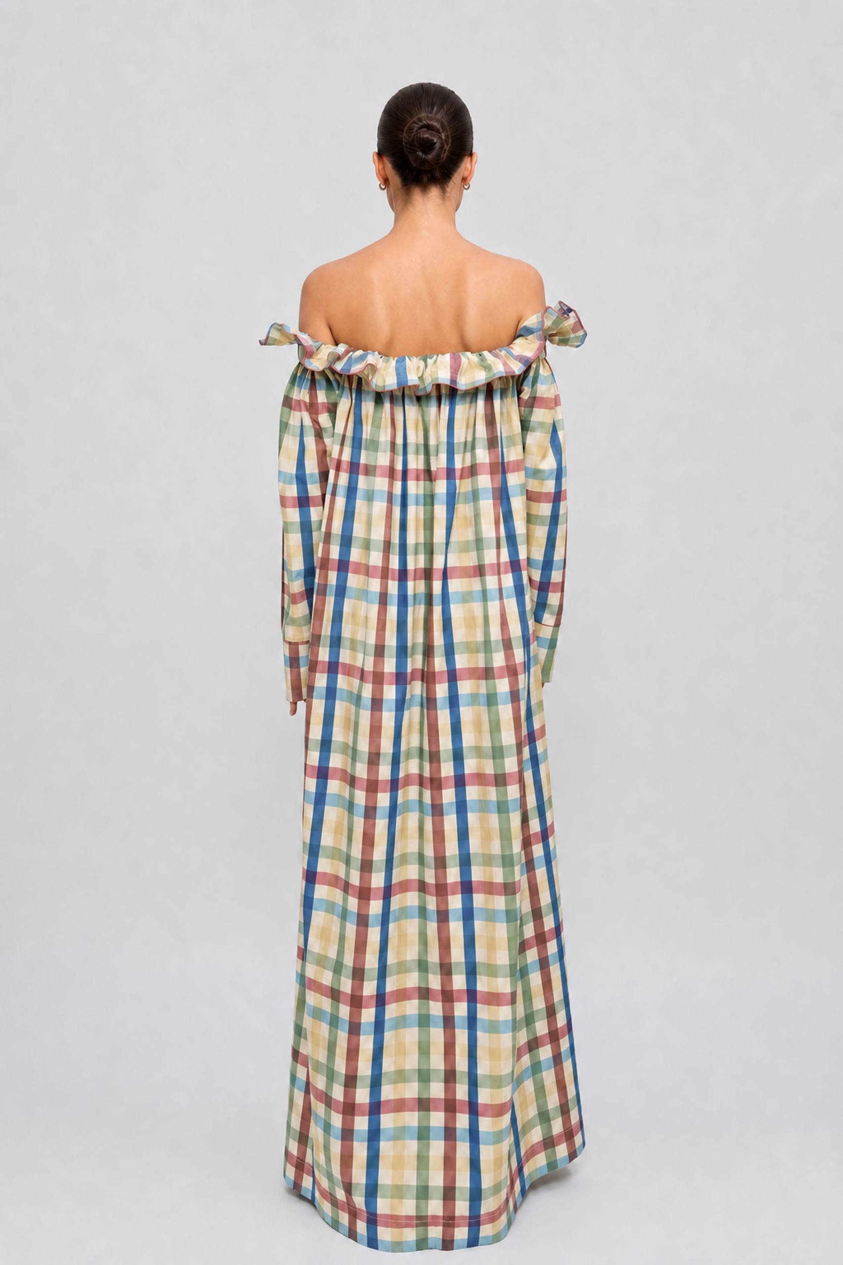 Colorful Plaid Wooden Ear Off-shoulder Long Sleeve Breasted Loose Long Shirt Dress