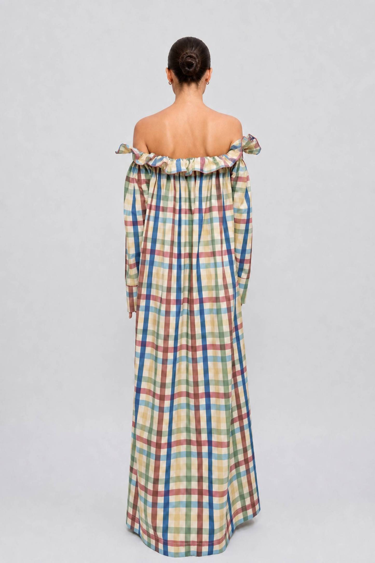 Colorful Plaid Wooden Ear Off-shoulder Long Sleeve Breasted Loose Long Shirt Dress