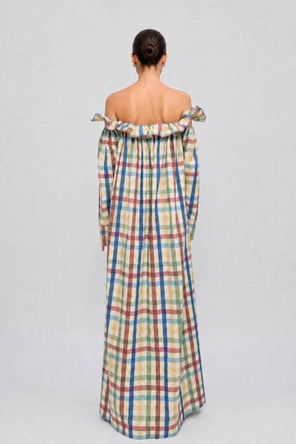 Colorful Plaid Wooden Ear Off-shoulder Long Sleeve Breasted Loose Long Shirt Dress