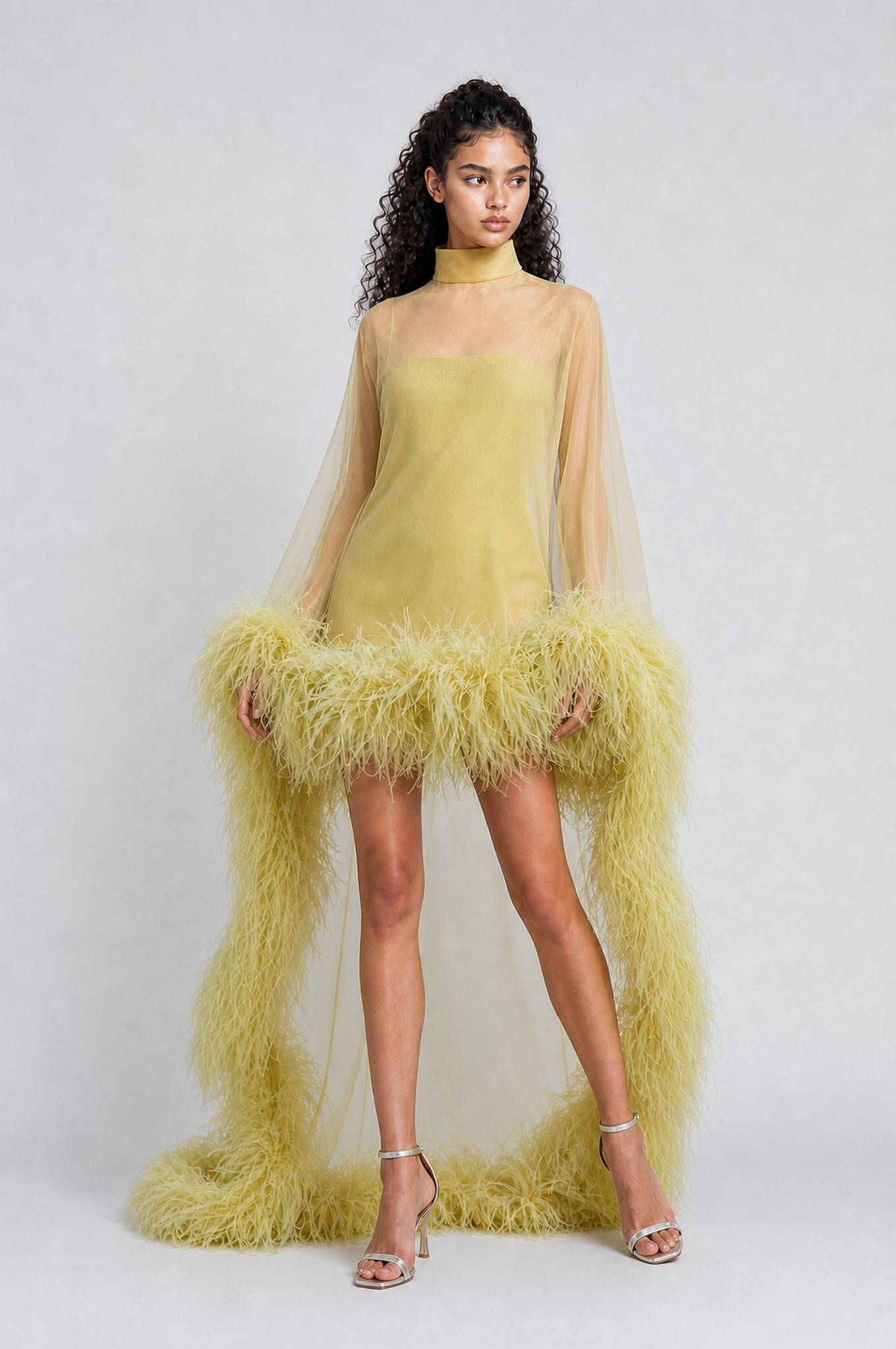 Chartreuse Feather-Trimmed Sheer Cape Gown - High-Fashion Evening Dress With Open Back