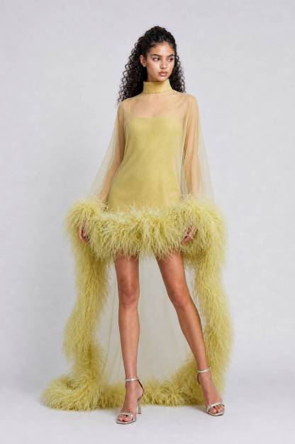 Chartreuse Feather-Trimmed Sheer Cape Gown - High-Fashion Evening Dress With Open Back