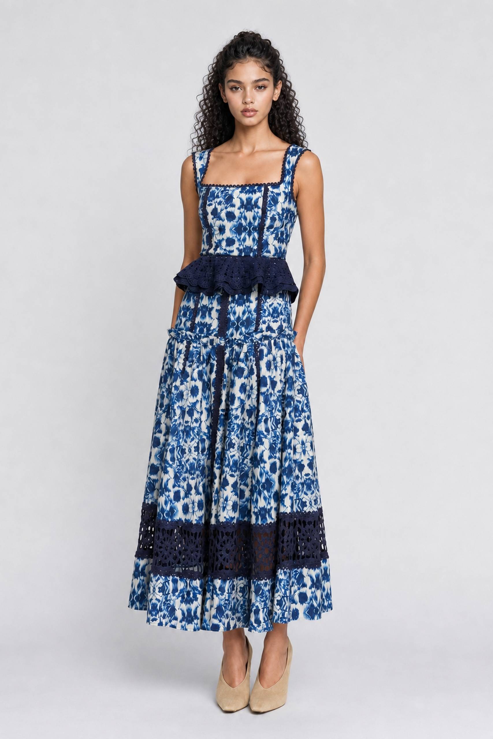 Blue Floral Print Sleeveless Maxi Dress With Waist Tie - Boho Chic Summer Gown