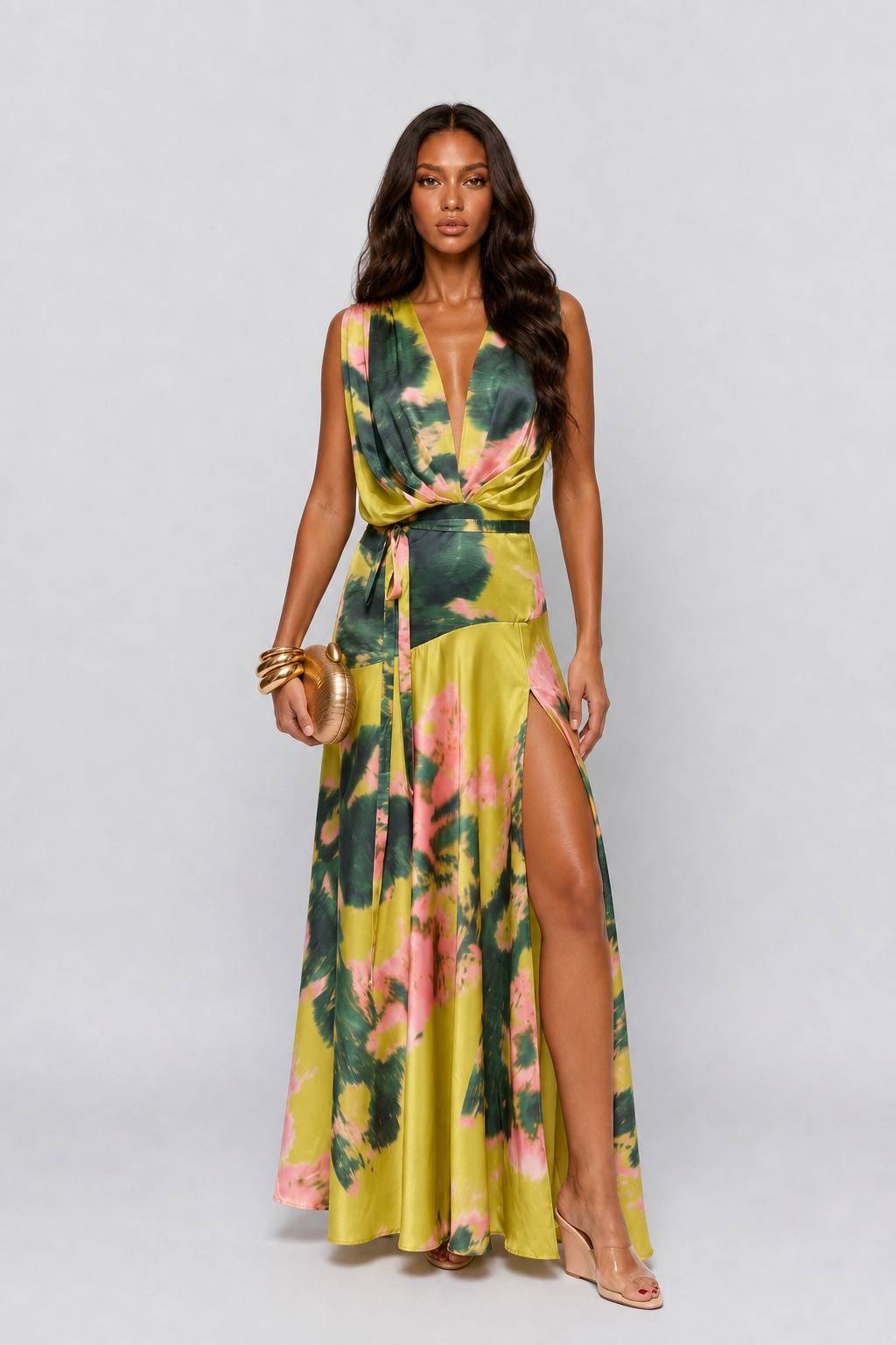 Tropical Floral Print V-Neck Maxi Dress With Side Slit - Boho Summer Gown