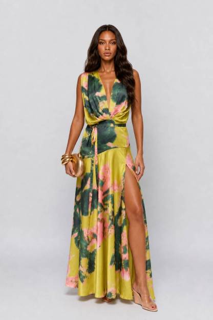 Tropical Floral Print V-Neck Maxi Dress With Side Slit - Boho Summer Gown