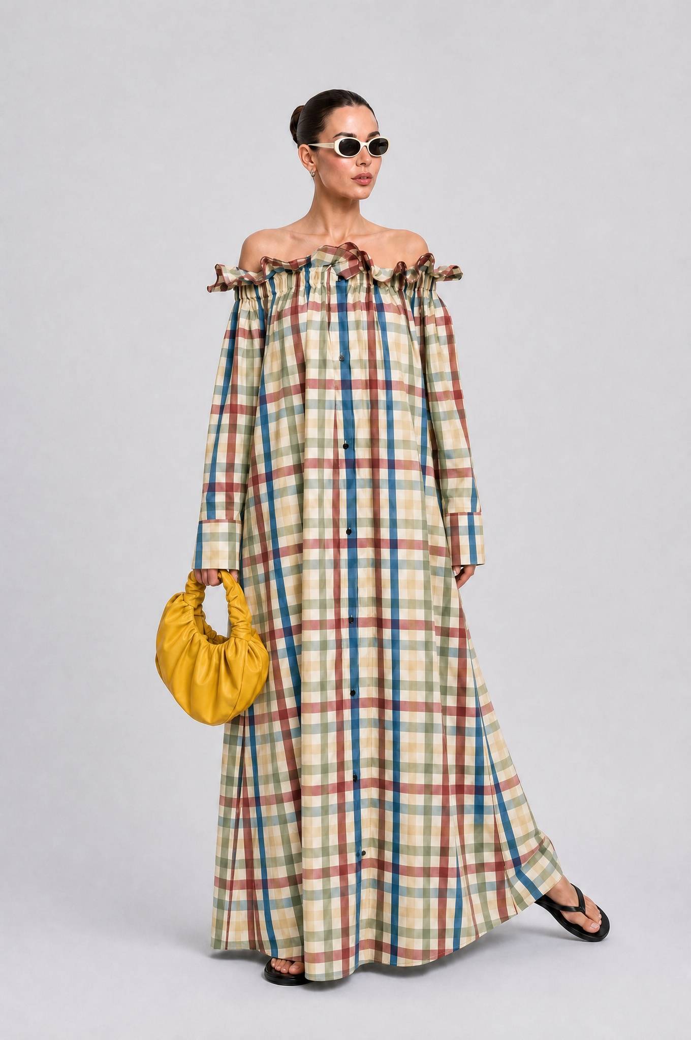 Colorful Plaid Wooden Ear Off-shoulder Long Sleeve Breasted Loose Long Shirt Dress