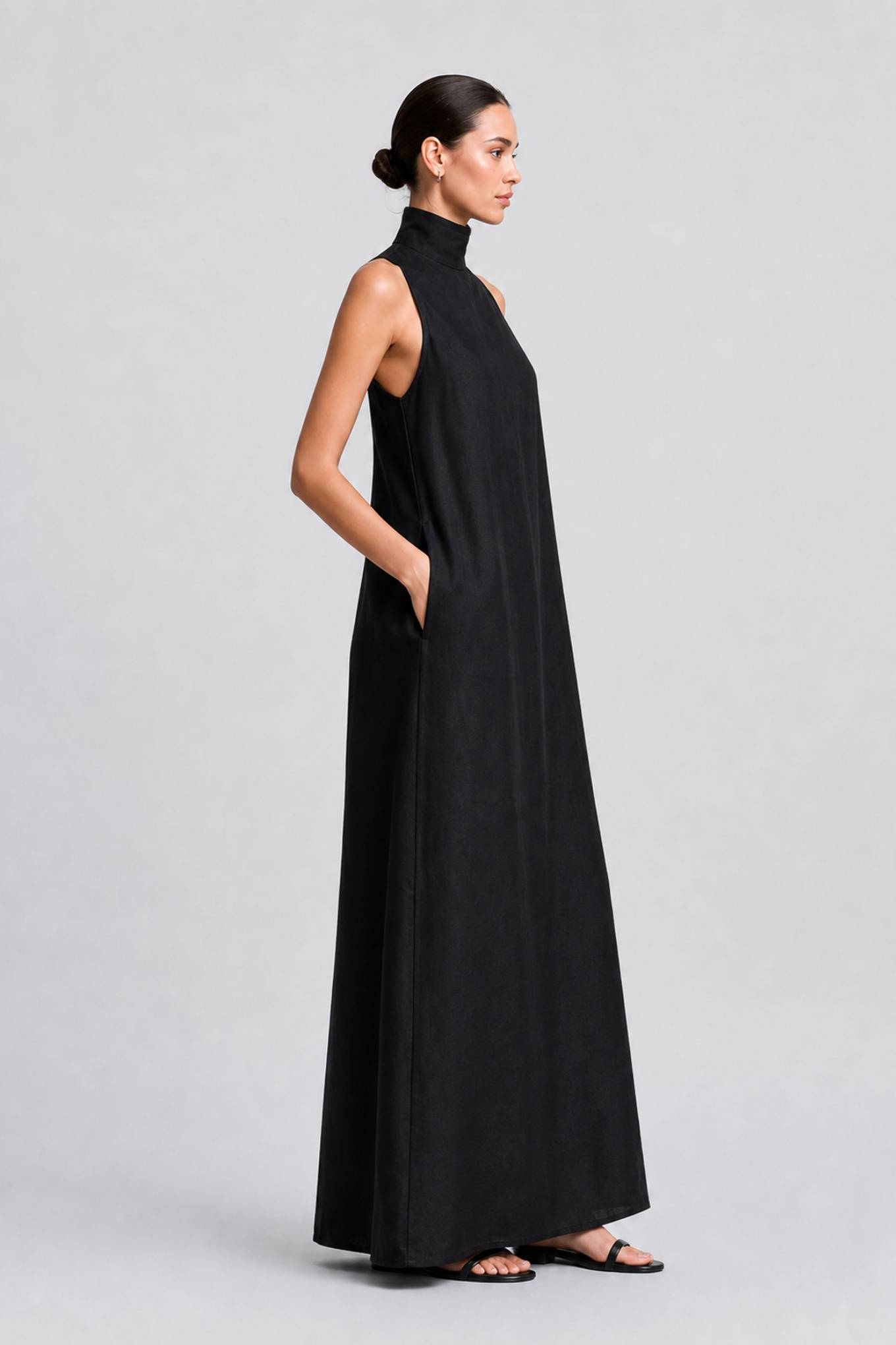 Linen-blend Turtleneck Long Dress Classic Minimalist Casual Dress