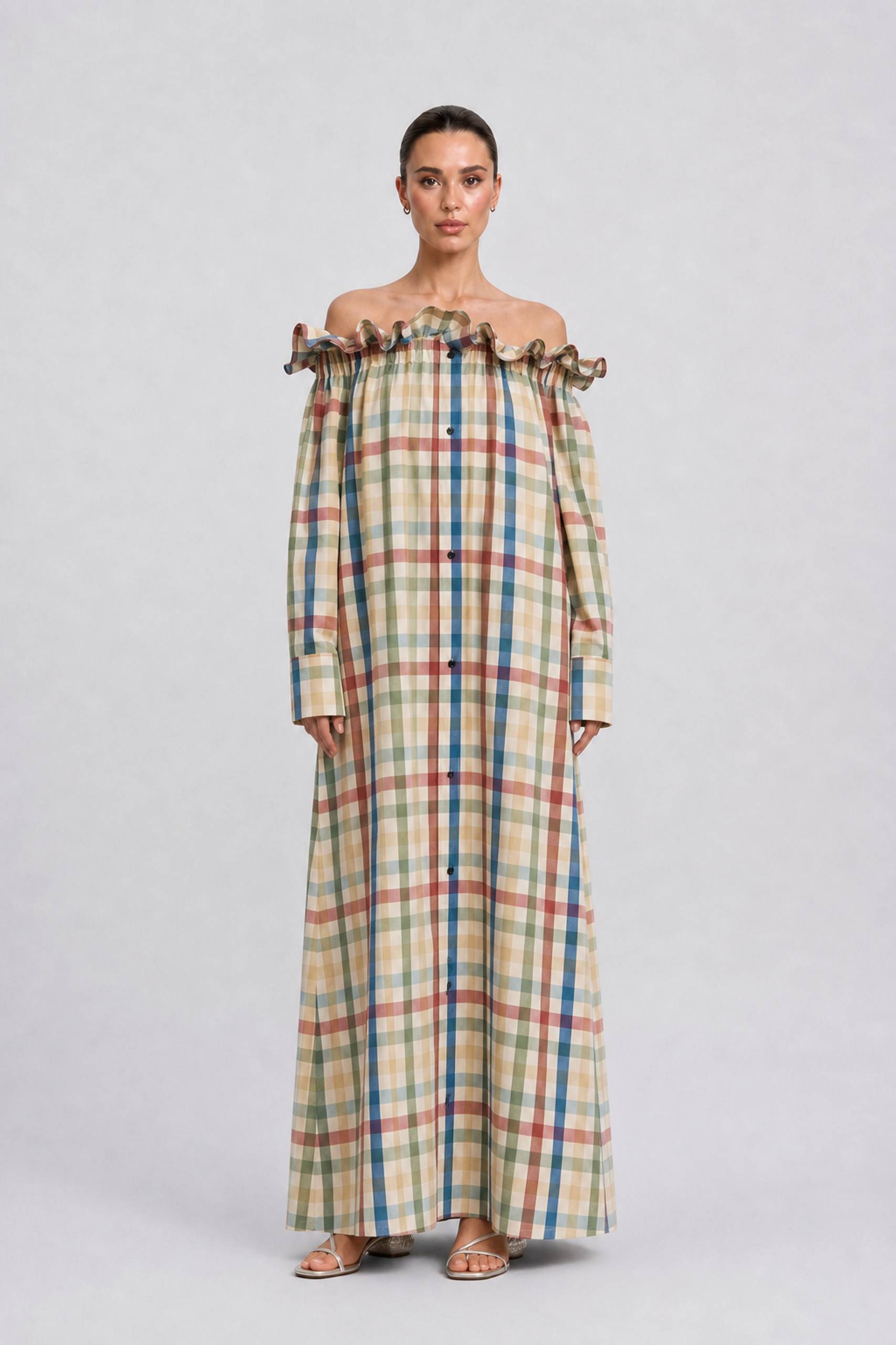 Colorful Plaid Wooden Ear Off-shoulder Long Sleeve Breasted Loose Long Shirt Dress