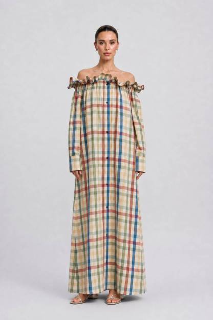 Colorful Plaid Wooden Ear Off-shoulder Long Sleeve Breasted Loose Long Shirt Dress