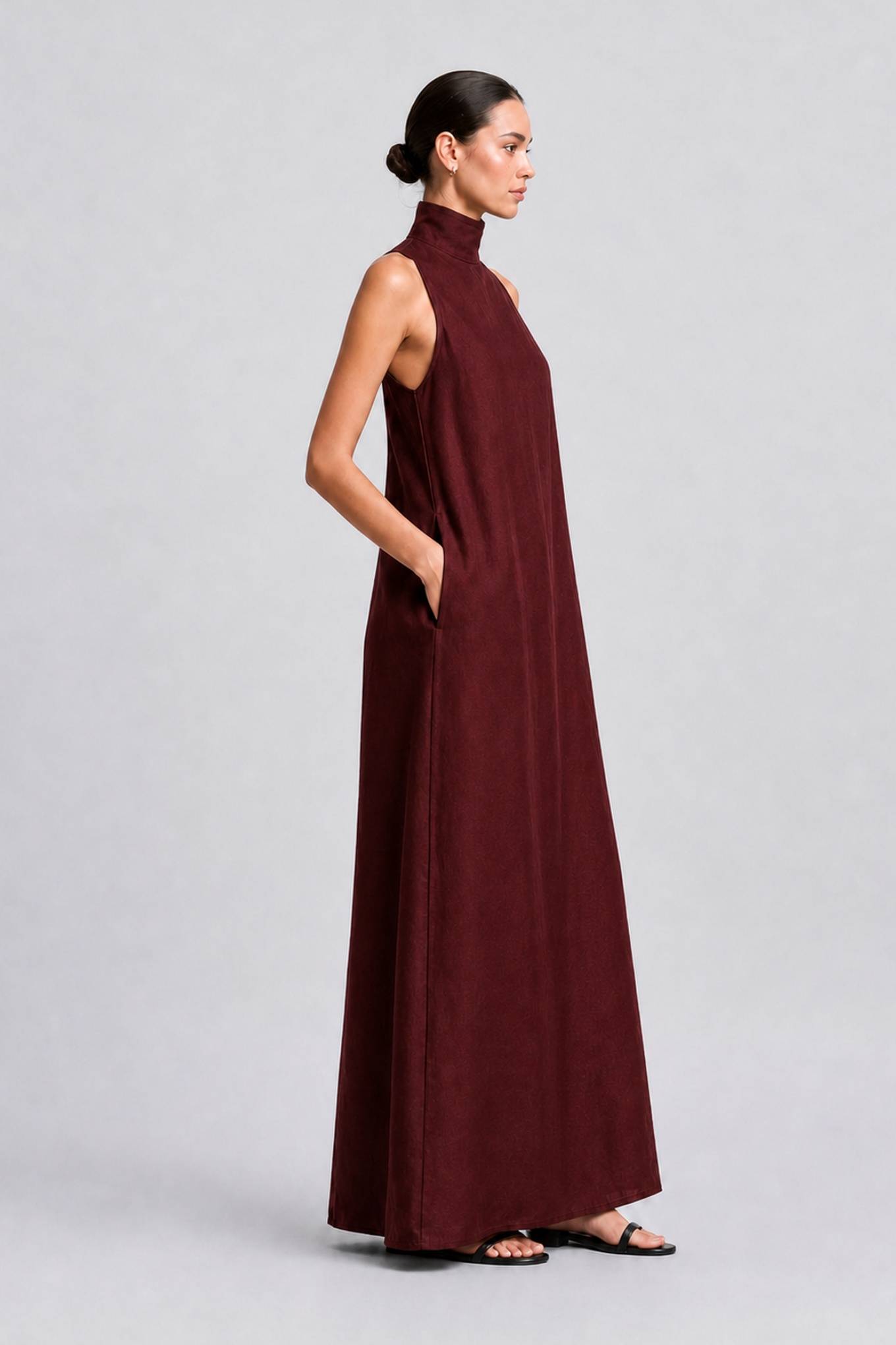 Linen-blend Turtleneck Long Dress Classic Minimalist Casual Dress