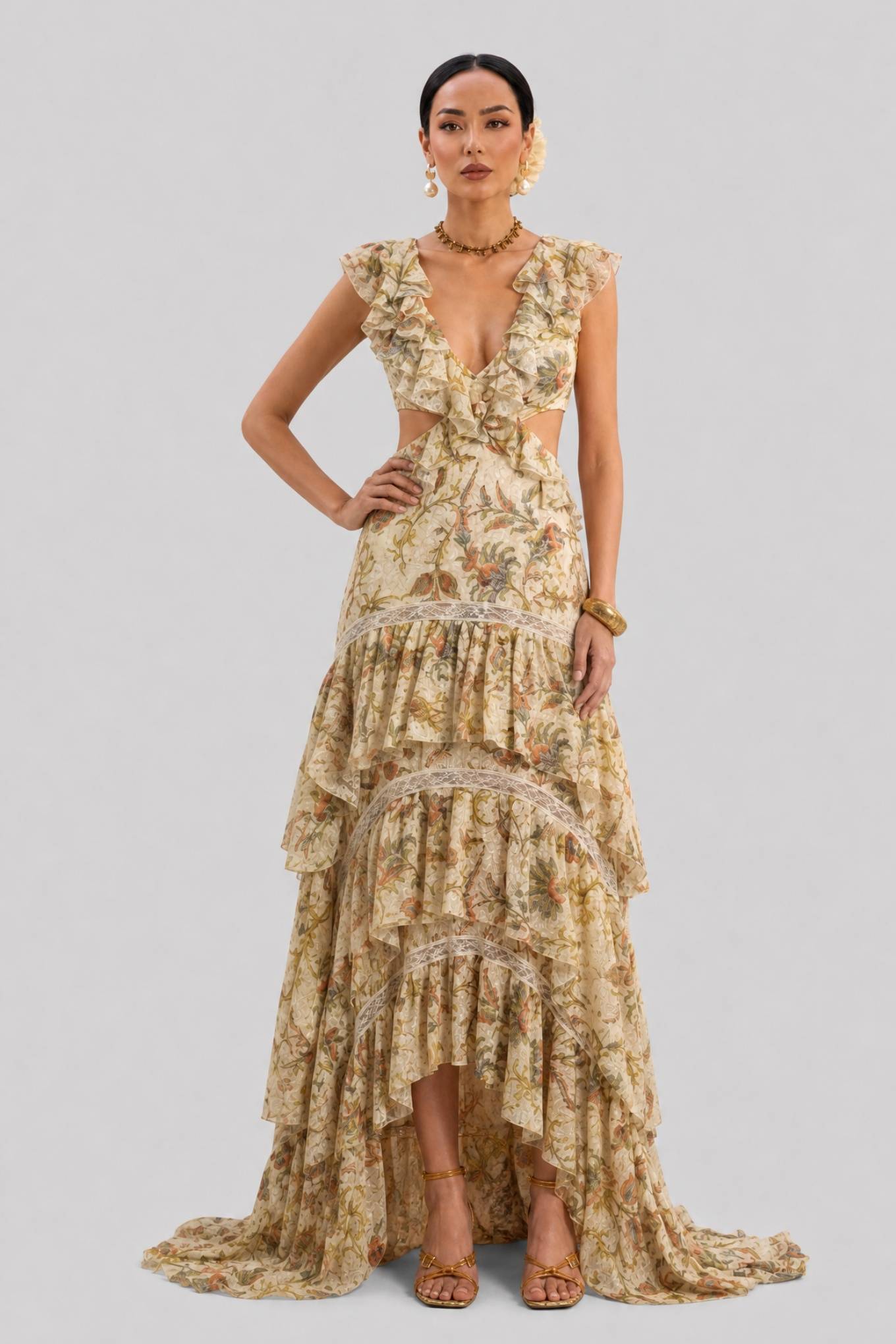 Vintage Floral Ruffled V-Neck Side Waist Cut-Out Lace Tailor Dress