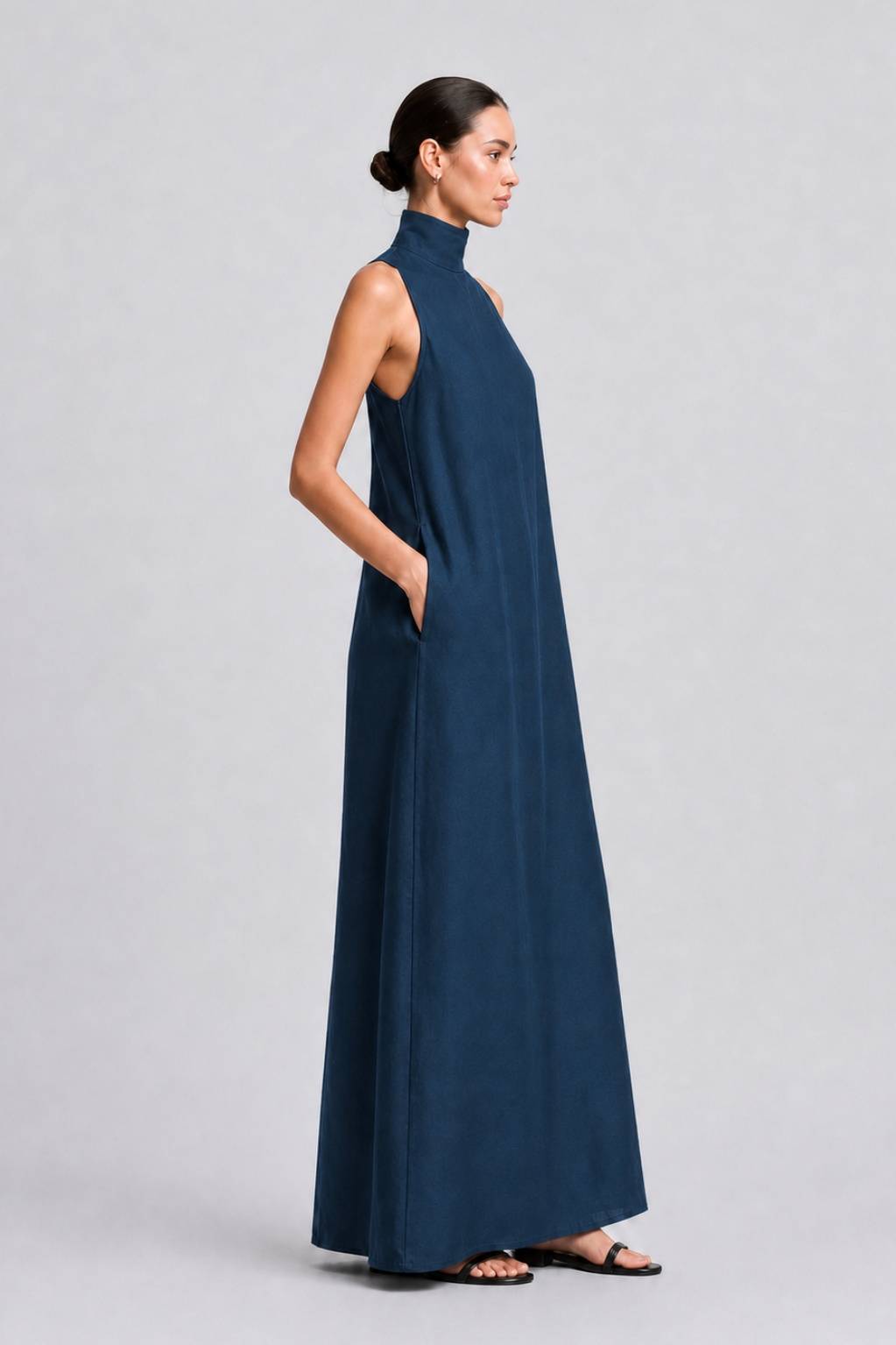 Linen-blend Turtleneck Long Dress Classic Minimalist Casual Dress